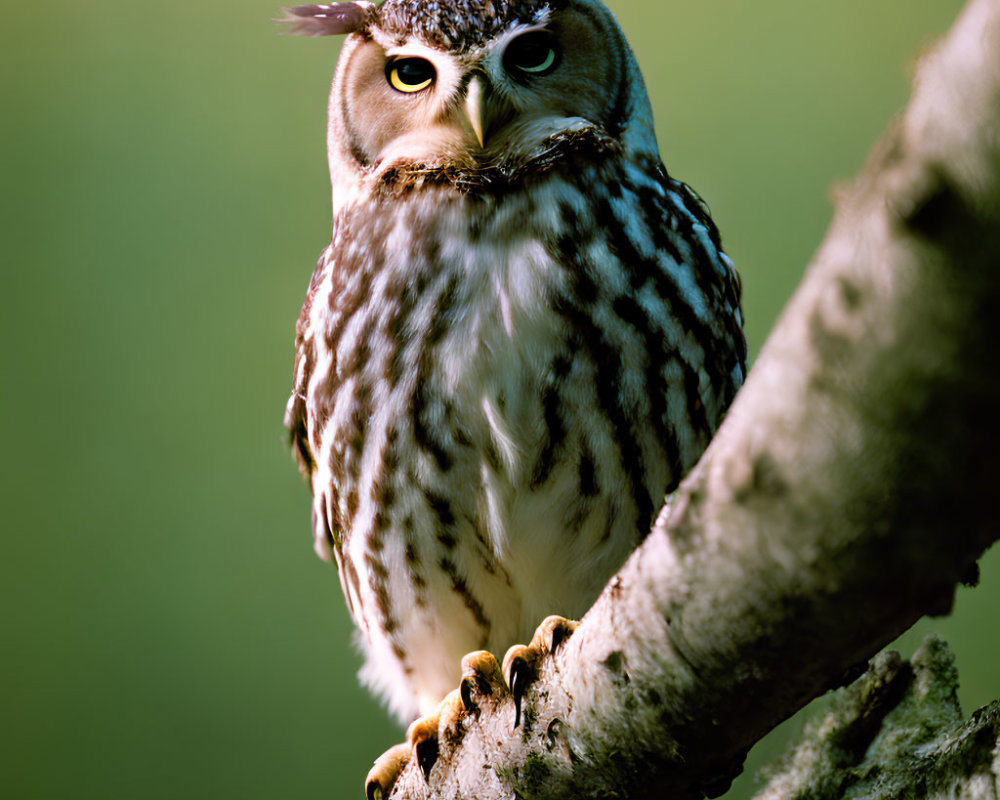 Majestic owl perched on tree branch with brown and white striped plumage