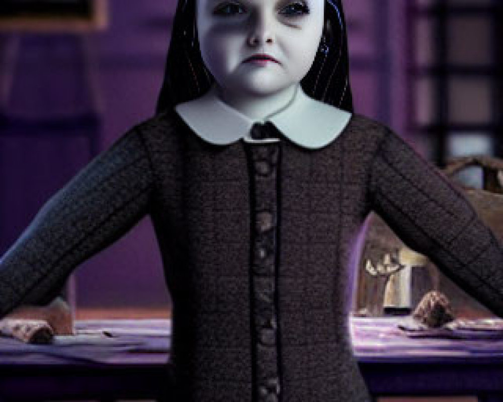 Creepy doll resembling Wednesday Addams in dimly lit room