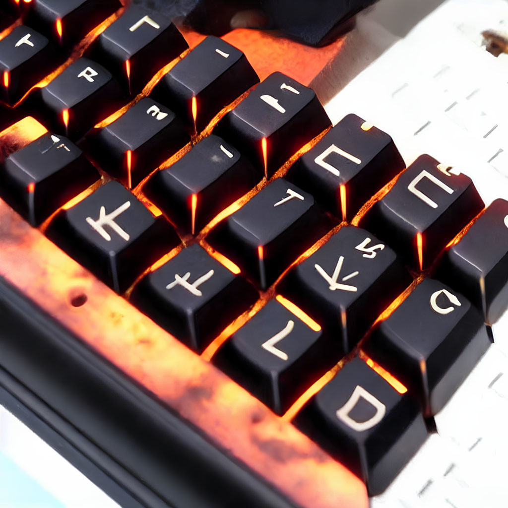 Detailed view of custom backlit mechanical keyboard with orange-red lights and unique keycap fonts