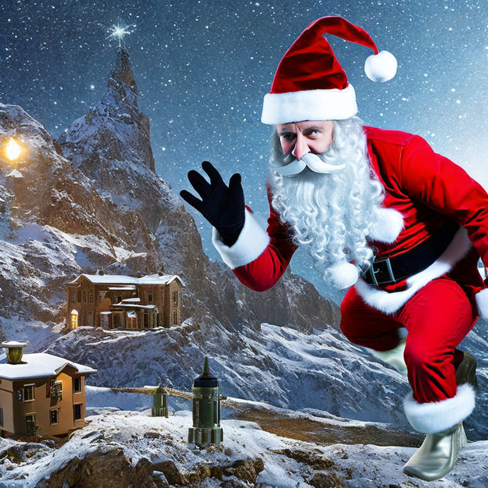 Festive Santa Claus in snowy mountain village at night