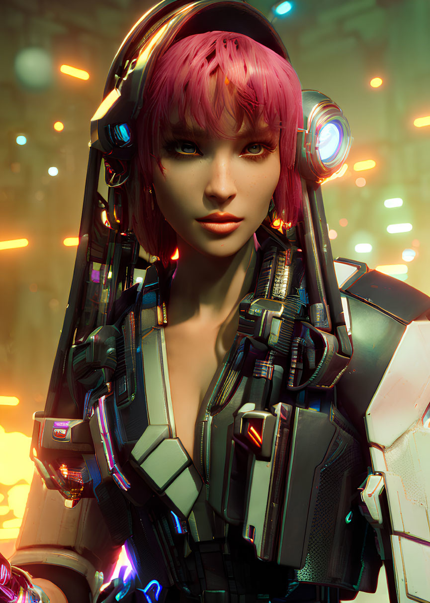 Futuristic female warrior in pink hair and advanced armor on bokeh light backdrop