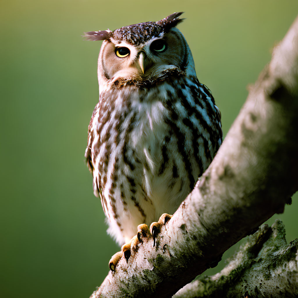 Majestic owl perched on tree branch with brown and white striped plumage