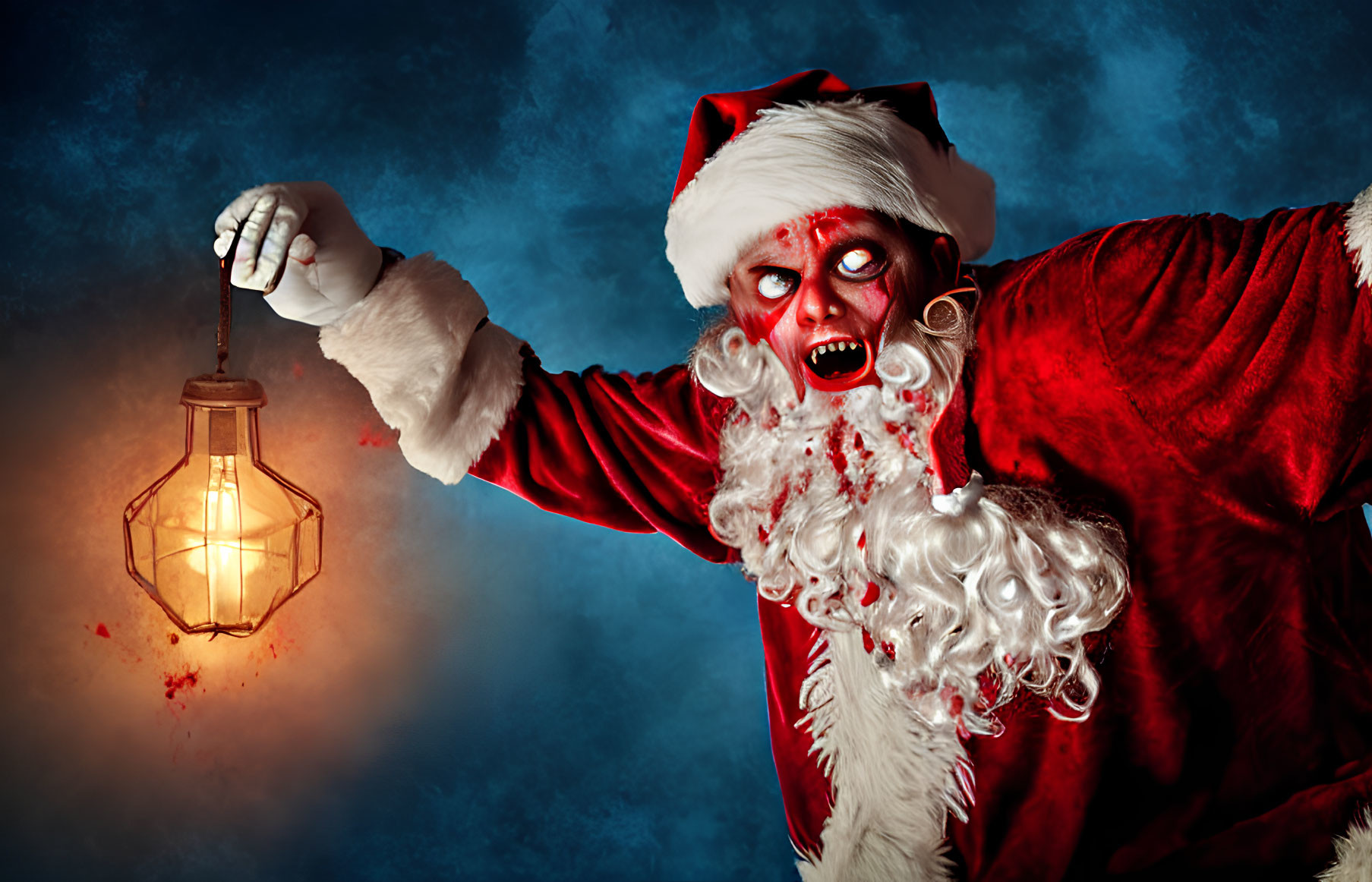 Creepy Santa Claus with Red Eyes and Lantern on Blue Background