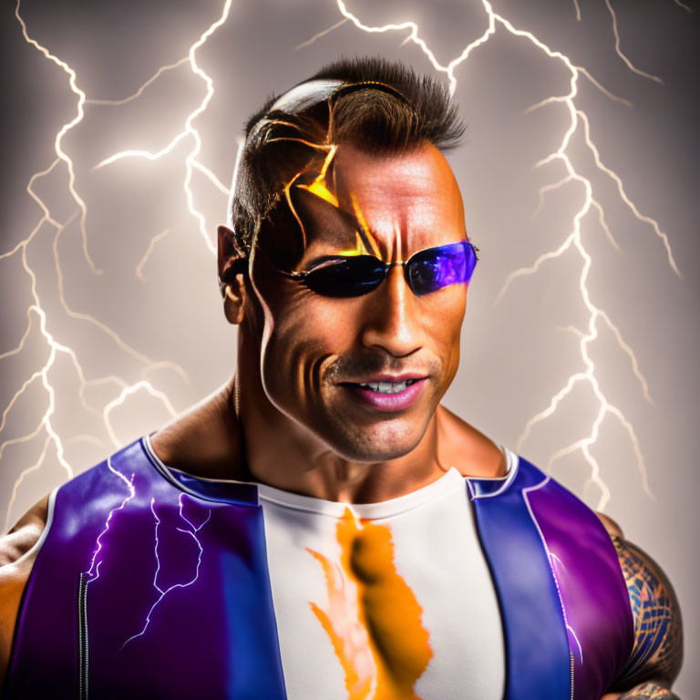 Muscular man in sunglasses with confident smile, wearing blue and violet sleeveless jacket, lightning bolts background