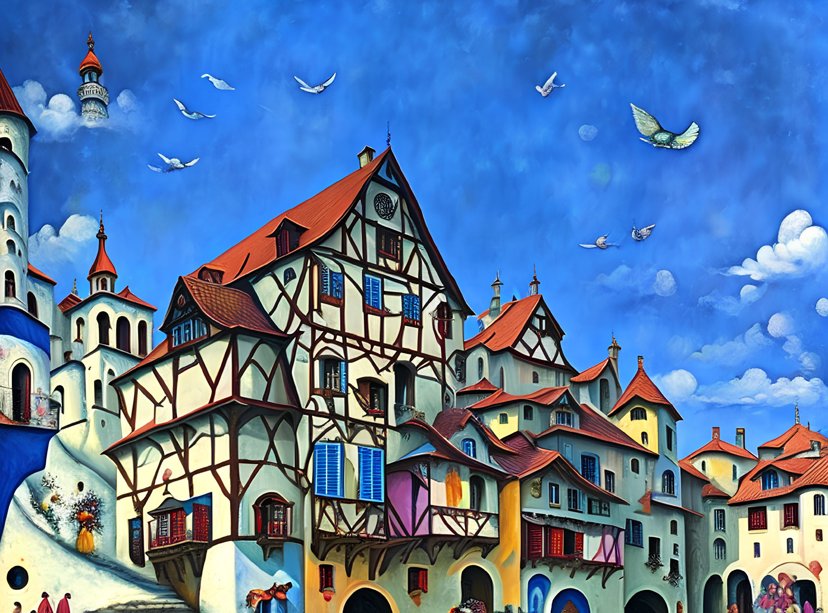 Colorful painting of European village with half-timbered buildings and birds in blue sky