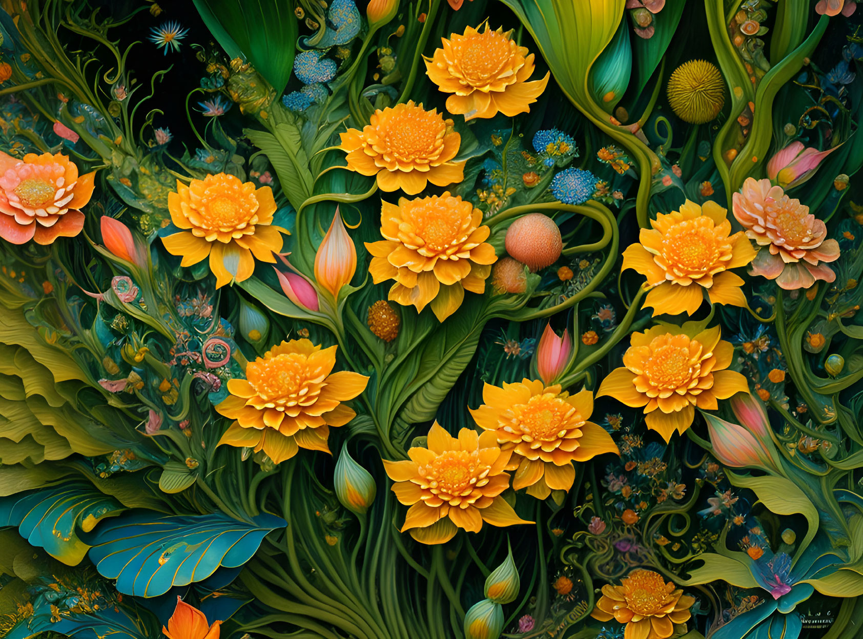 Colorful floral artwork with intricate patterns and hidden fauna in lush green backdrop