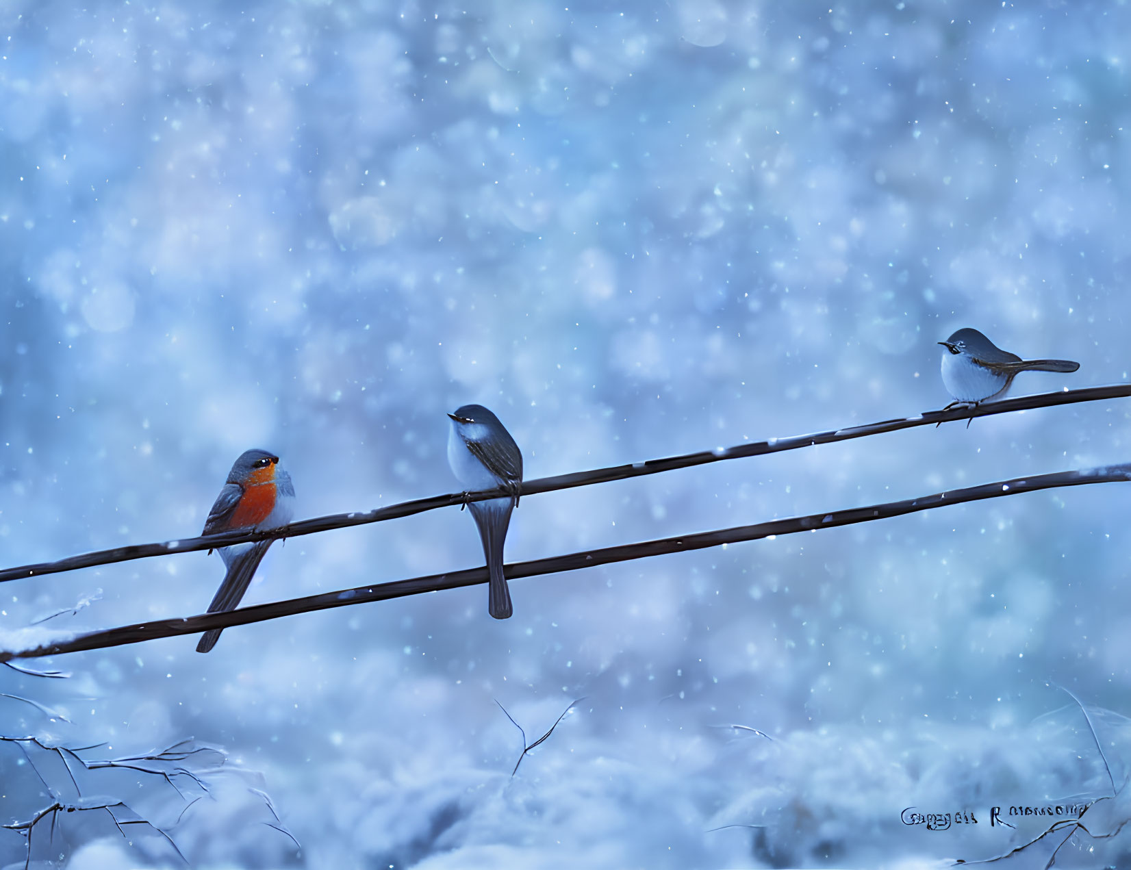 Three Birds Perched on Wire in Snowfall on Soft Blue Winter Background