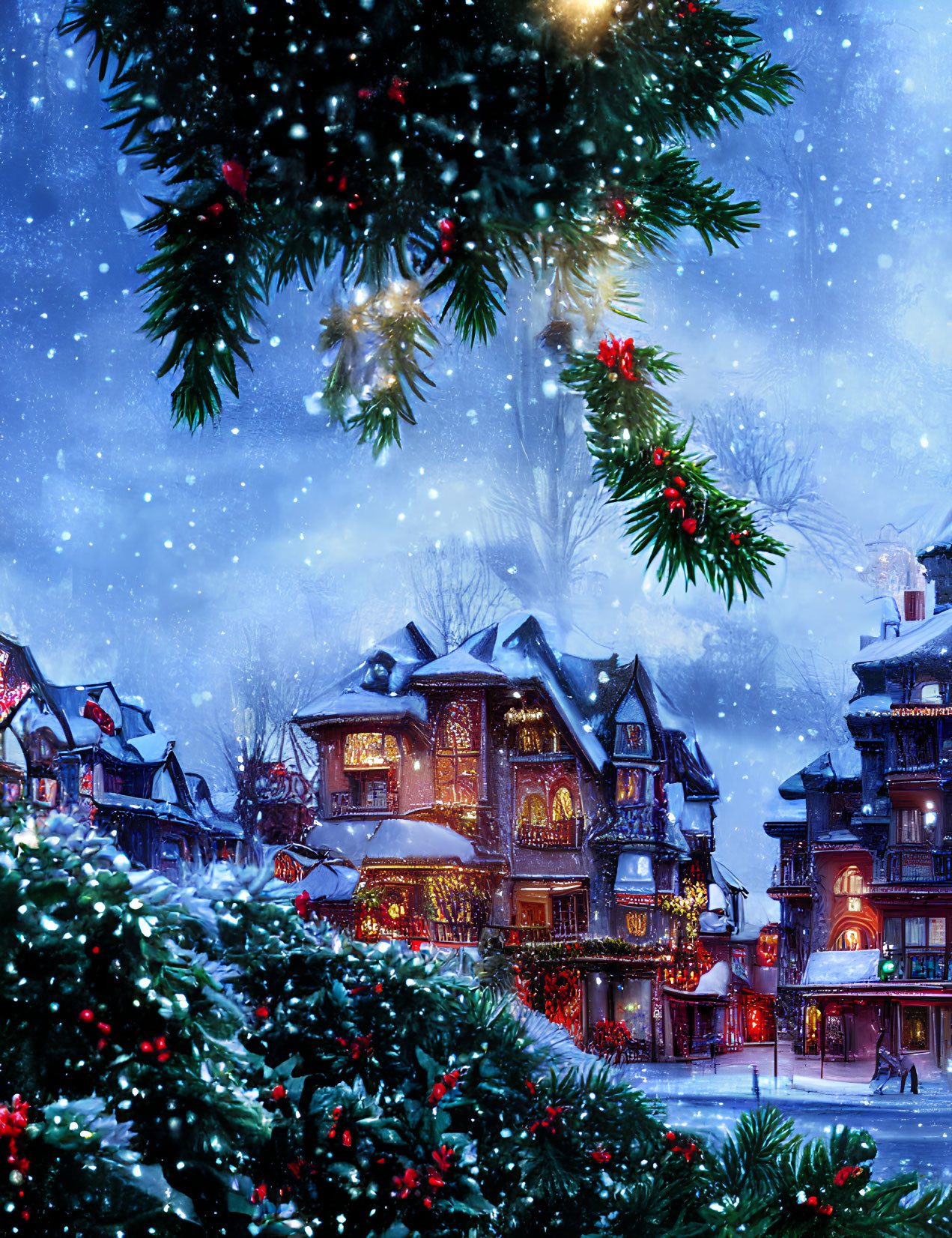 Snow-covered houses with Christmas lights and decorated tree in winter scene