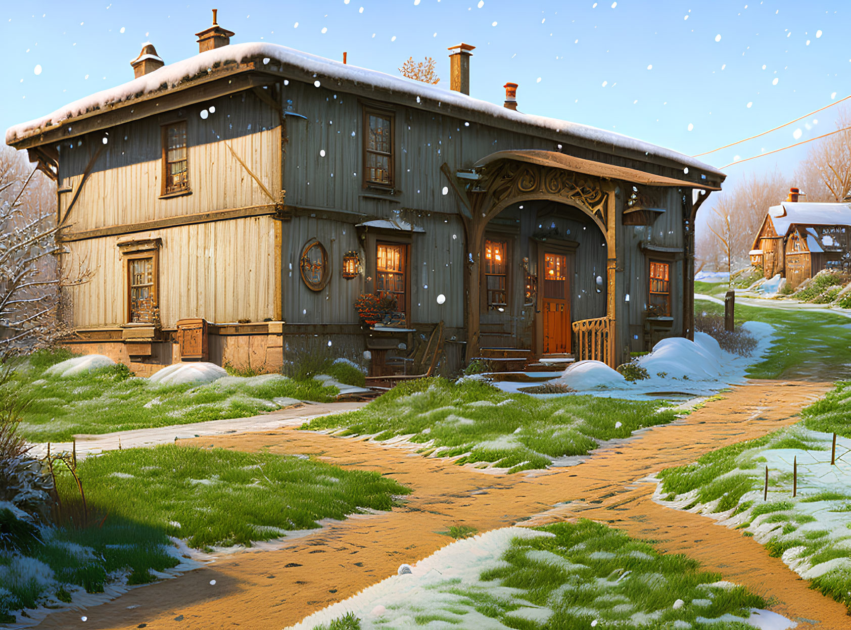 Snowy Landscape: Cozy Wooden Cottage at Dusk in Warm Lights
