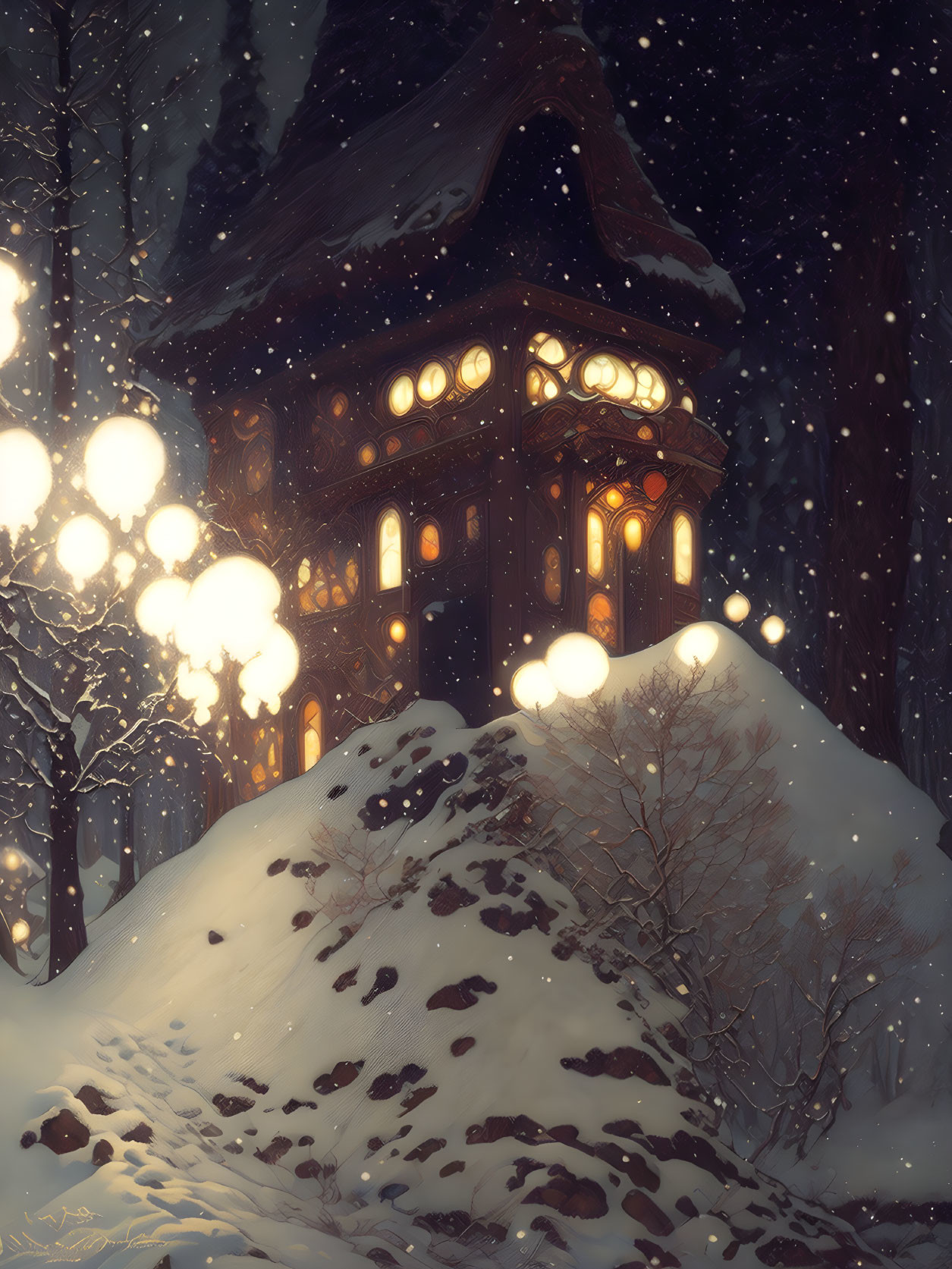 Snowy hill cabin surrounded by trees in tranquil nighttime scene