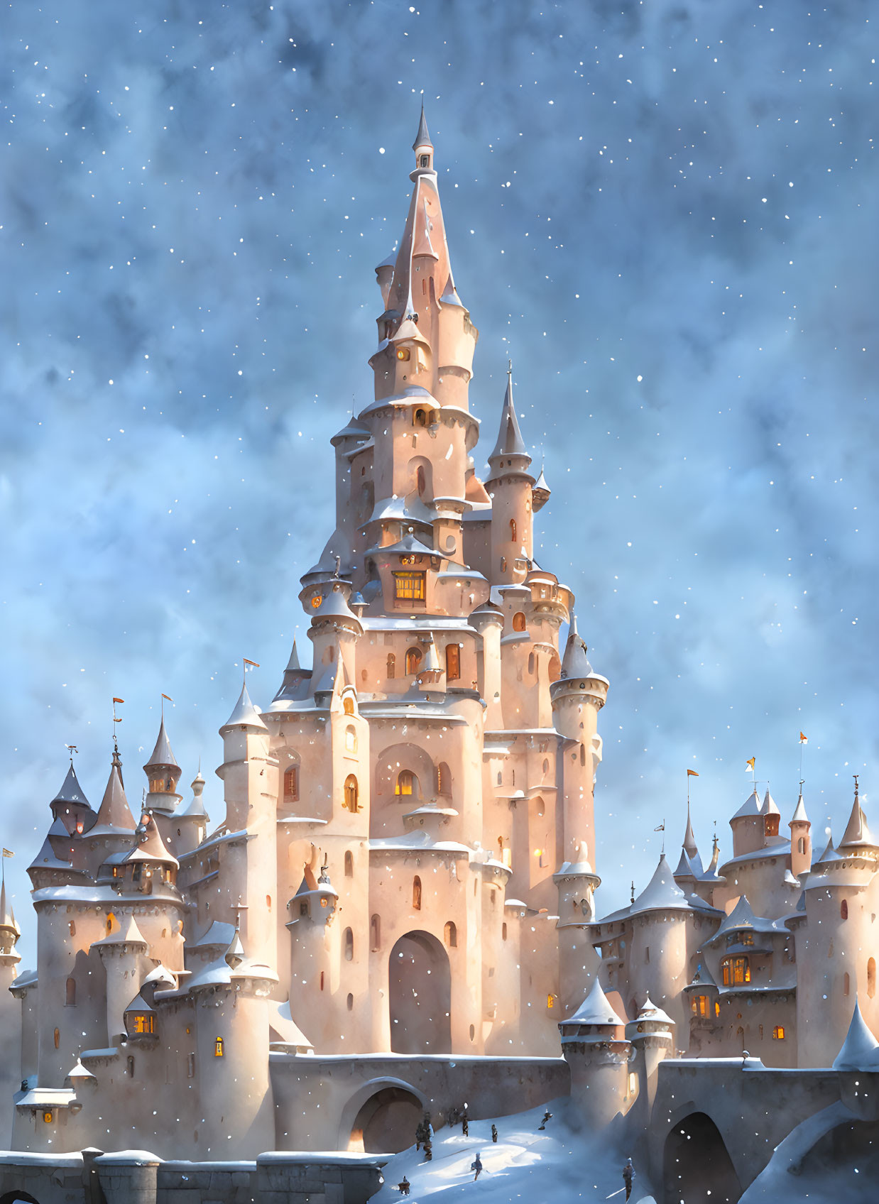 Tall Castle with Towers and Snowy Landscape at Twilight