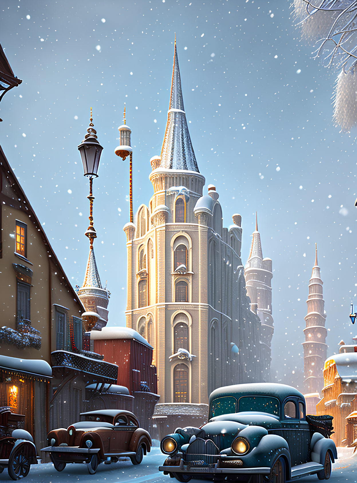 Vintage-style snowy scene with old-fashioned cars, ornate building, and street lamps.