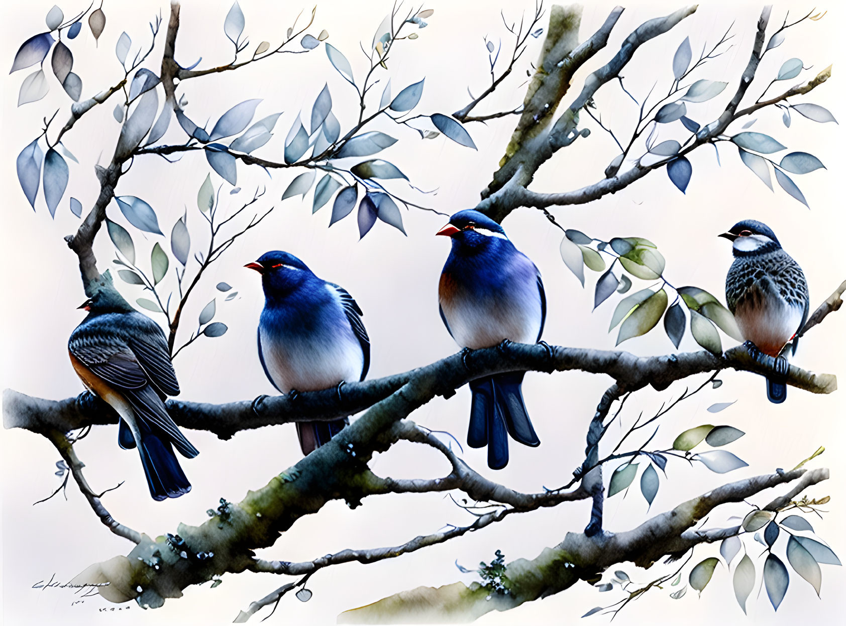 Vibrant birds on leafy branches in light setting