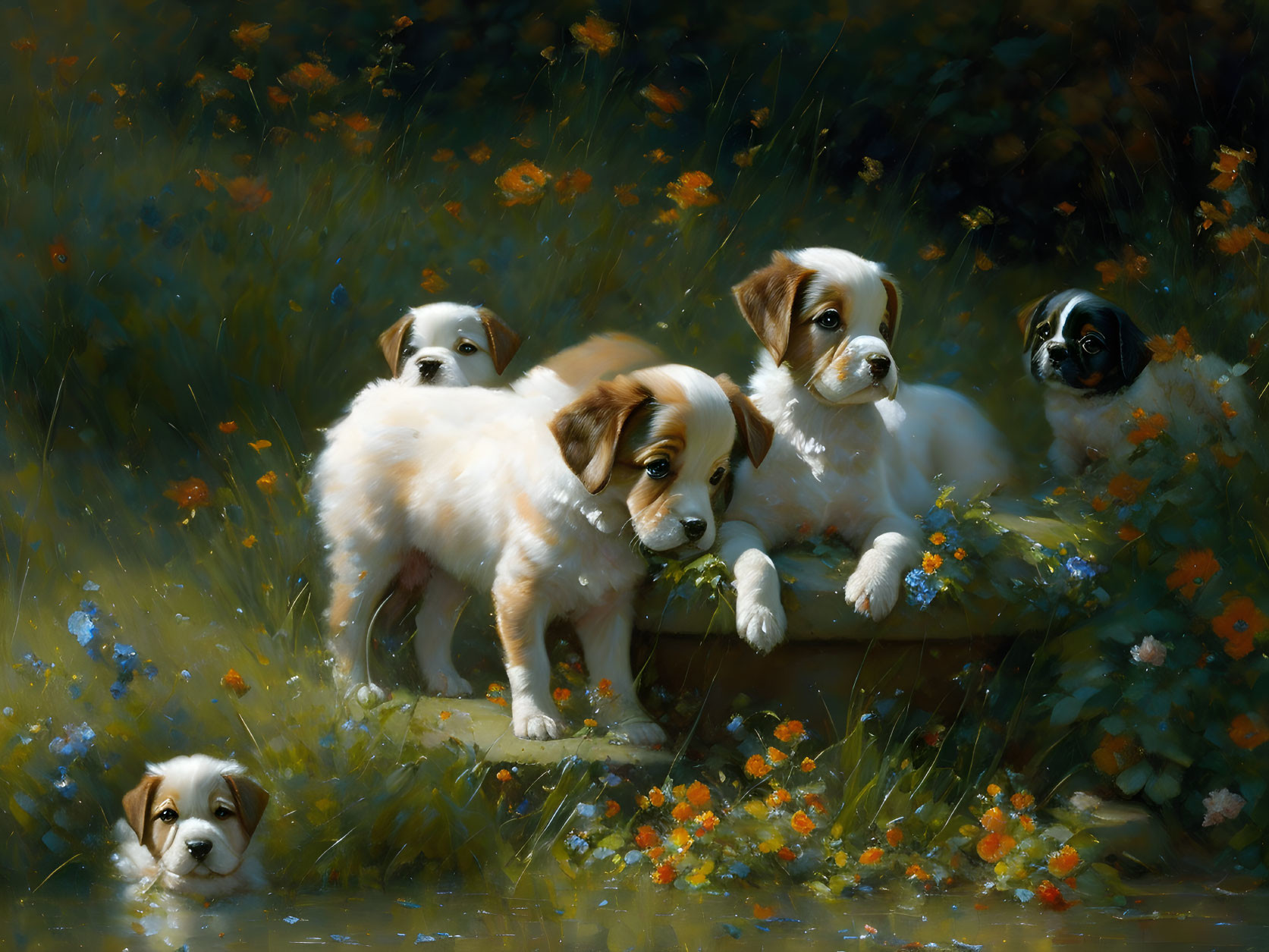 Five puppies playing on wooden plank in lush field with colorful flowers