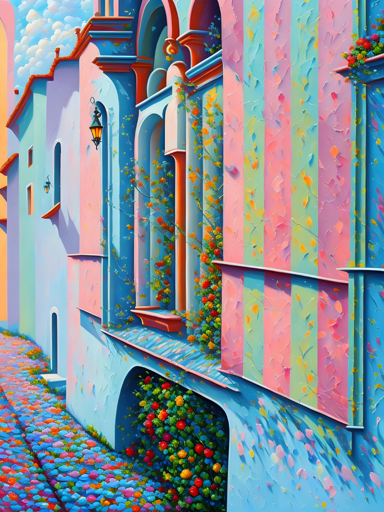 Colorful street scene with flower mosaic, pastel buildings, arched doorway, lantern, and blo