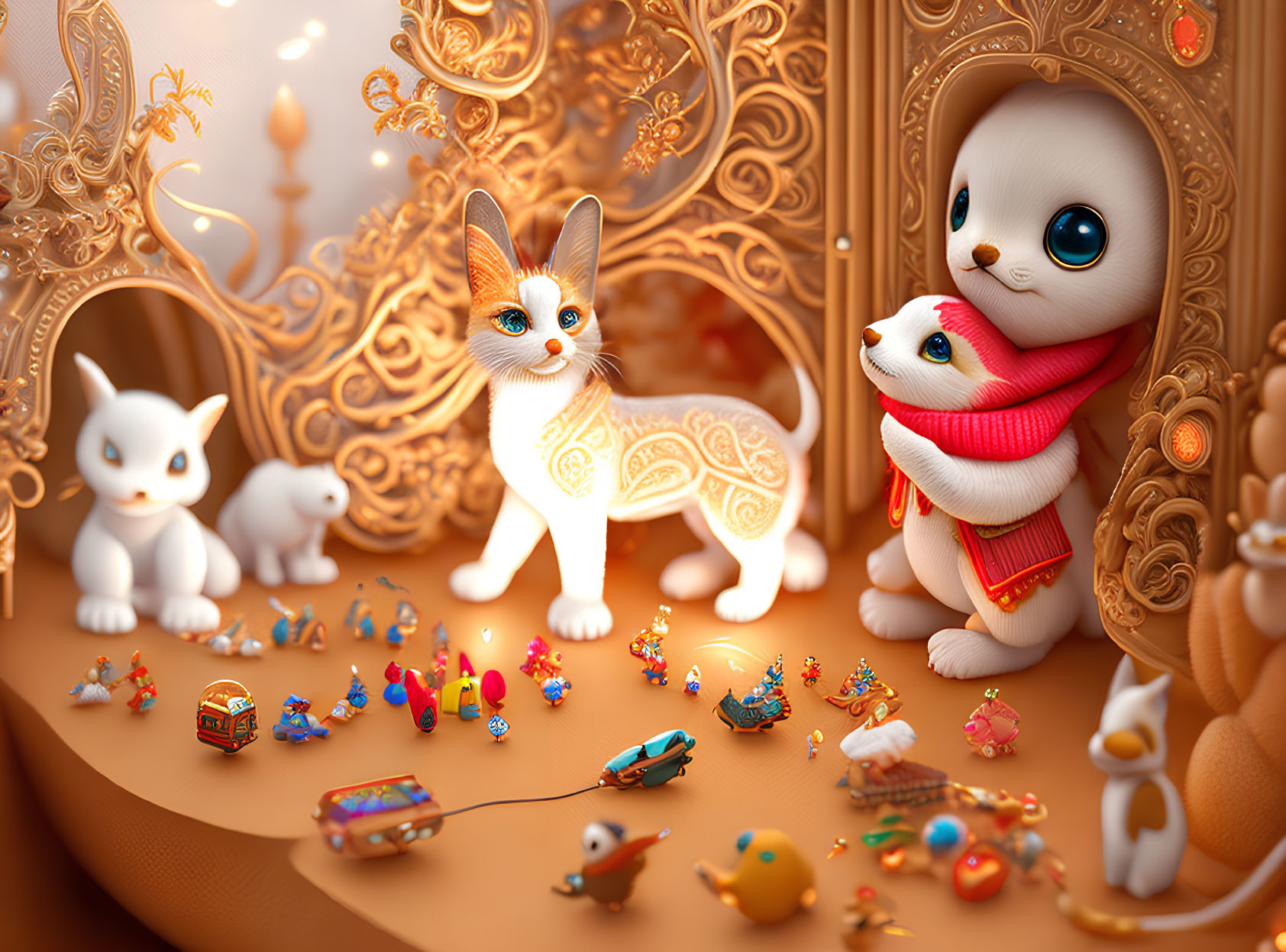 Colorful Creatures in Ornate Setting: Orange Cat, Red Scarfed Rabbit, and Whimsical