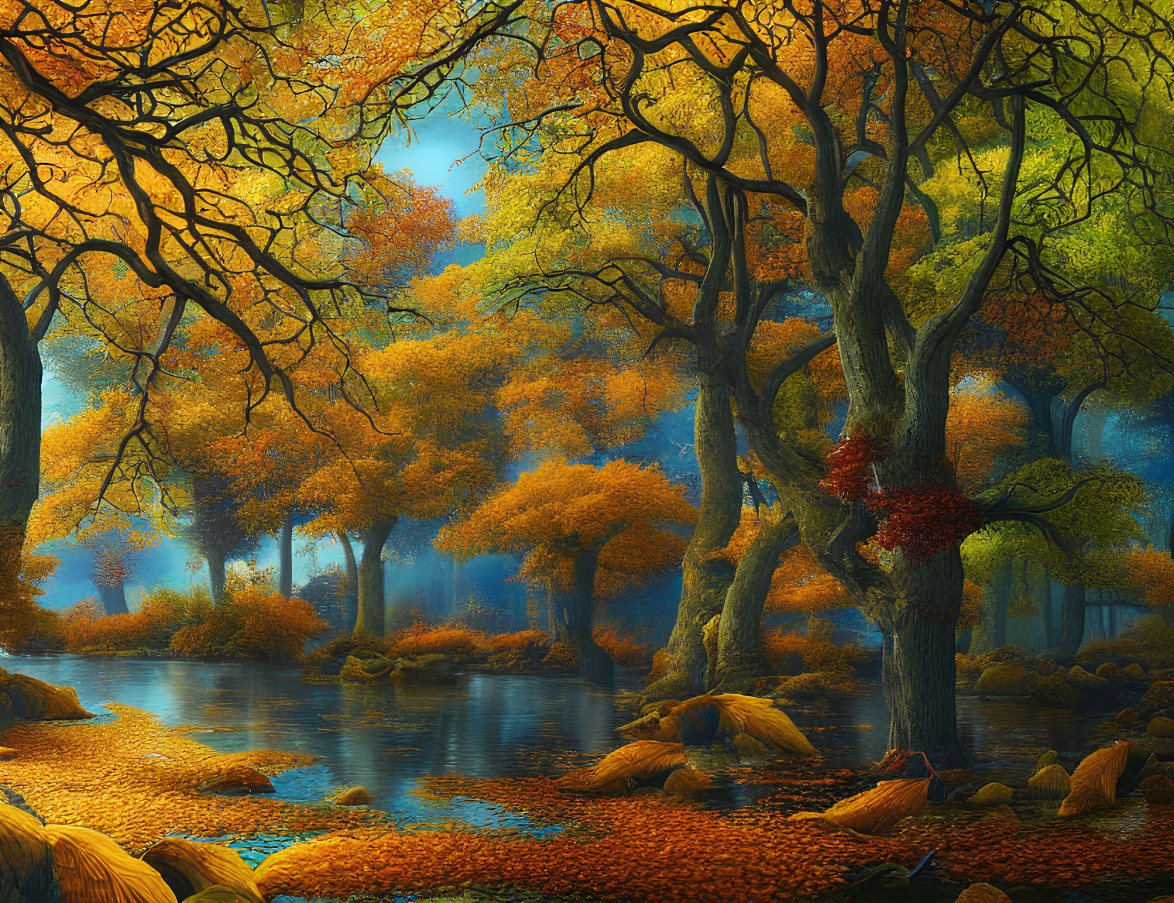 Scenic autumn forest with golden foliage, serene river, and colorful canopy