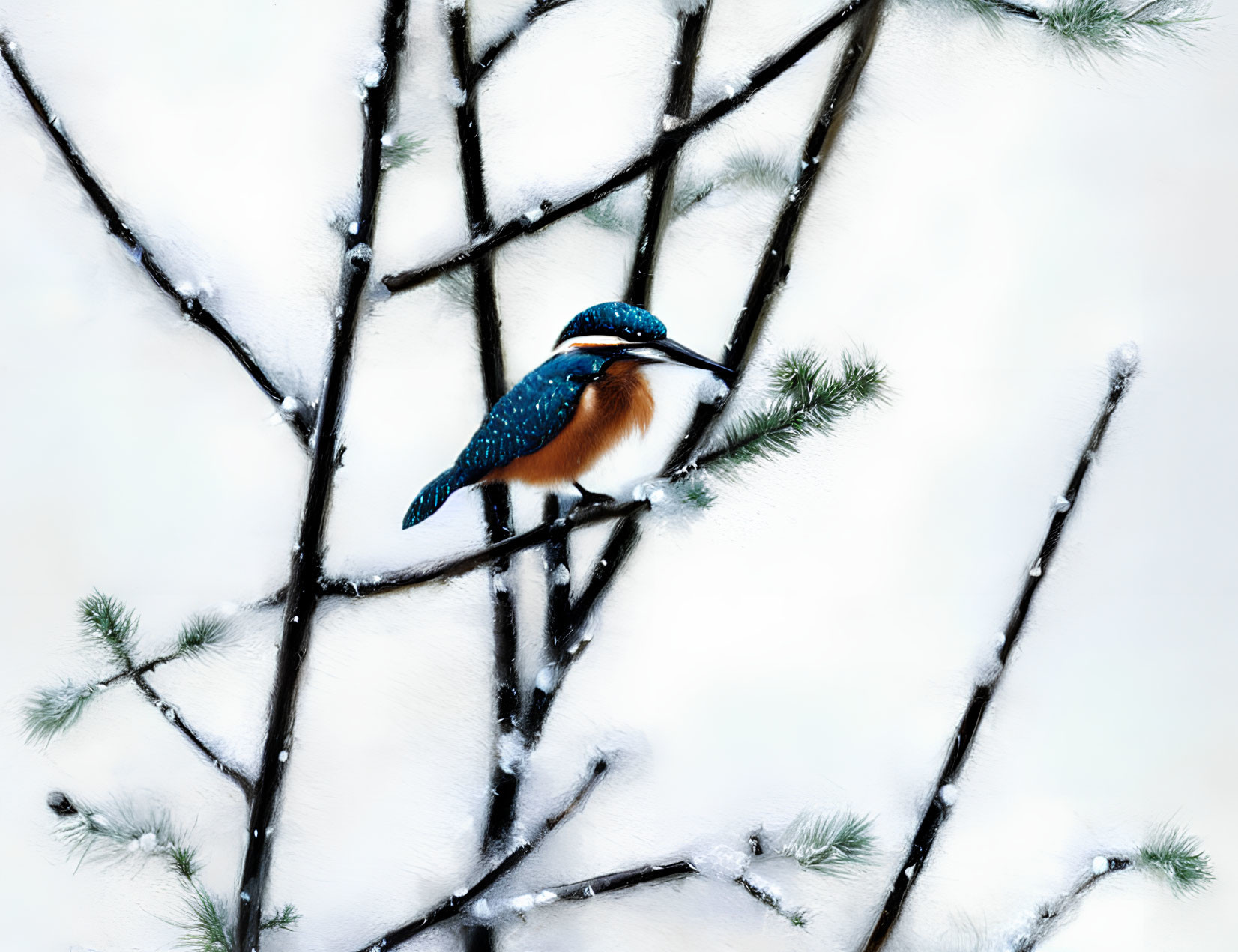 Kingfisher perched on snow-dusted branch in winter scene
