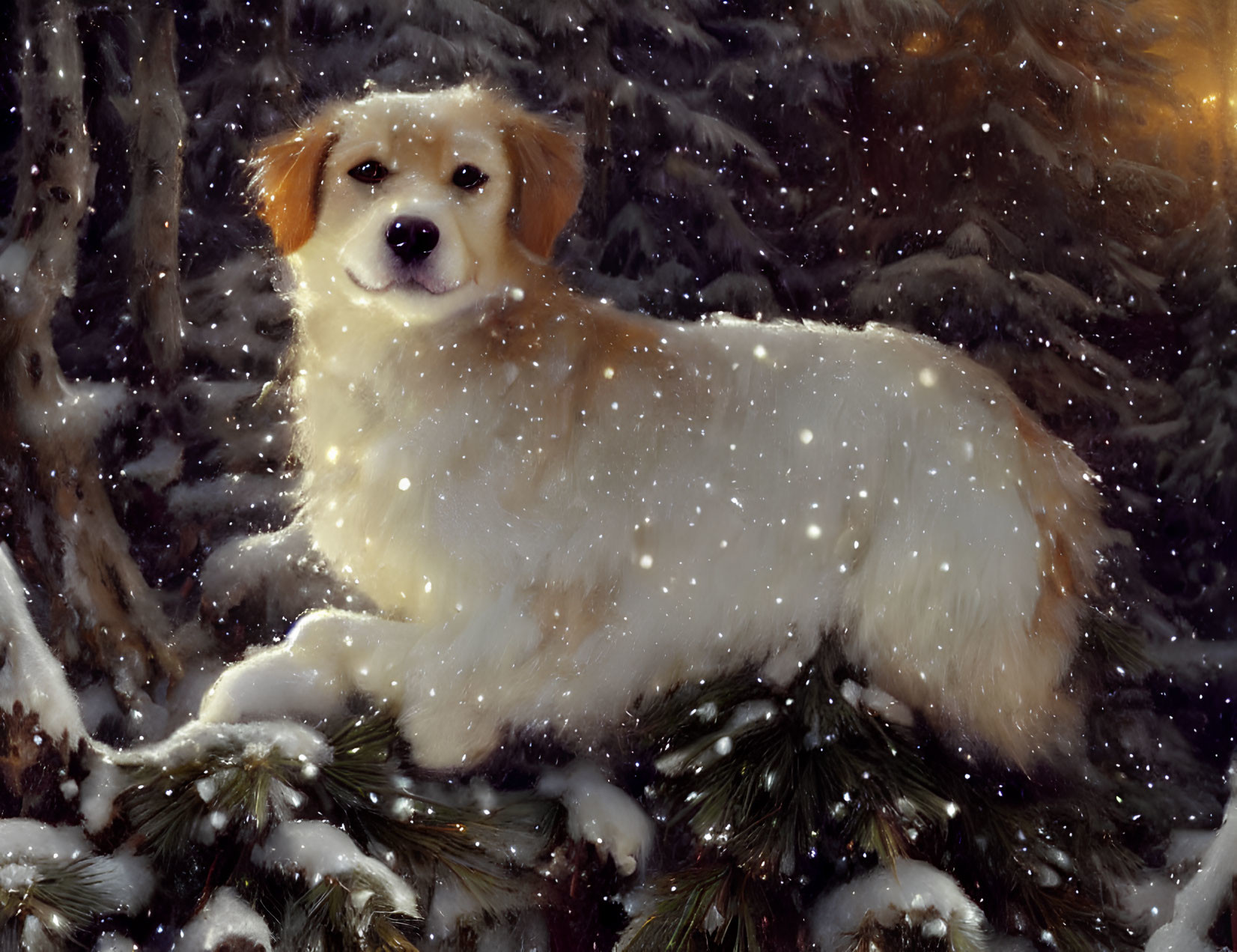 Golden retriever on snow-covered branch in wintry landscape