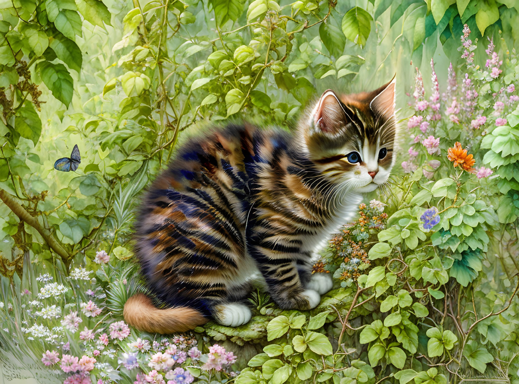 Colorful painting of kitten with stripes in lush greenery and flowers.