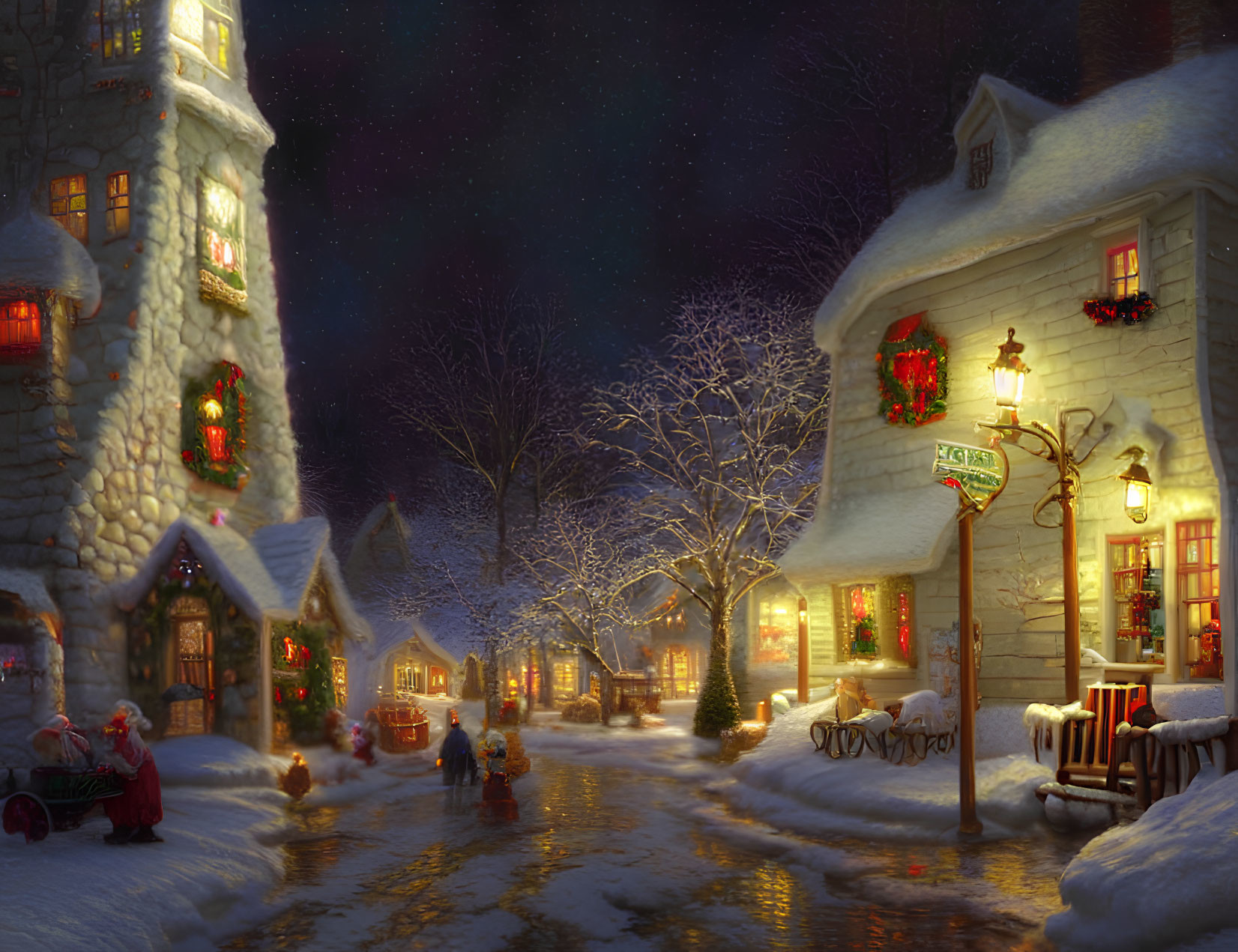 Snow-covered village with Christmas decorations under starry sky