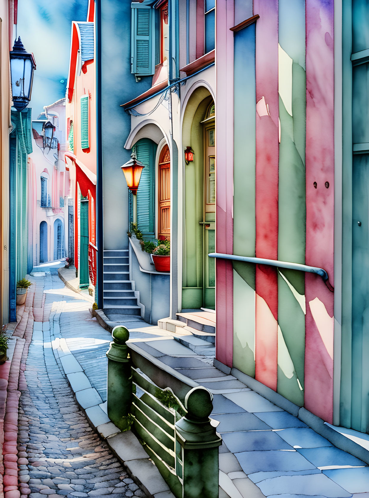 Colorful European Street with Pastel Houses & Cobblestone Pavement