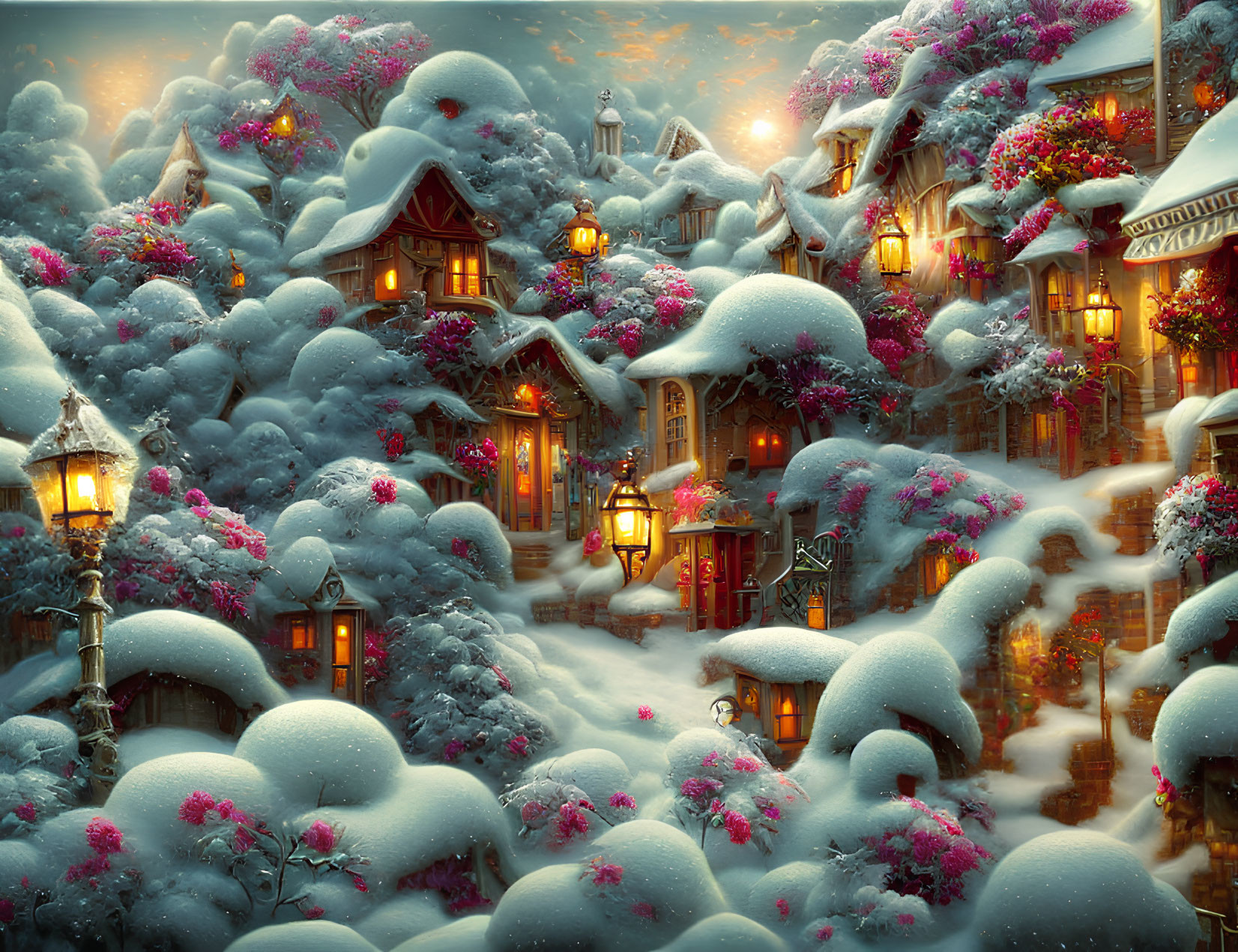 Snow-covered cottages in a glowing winter village scene