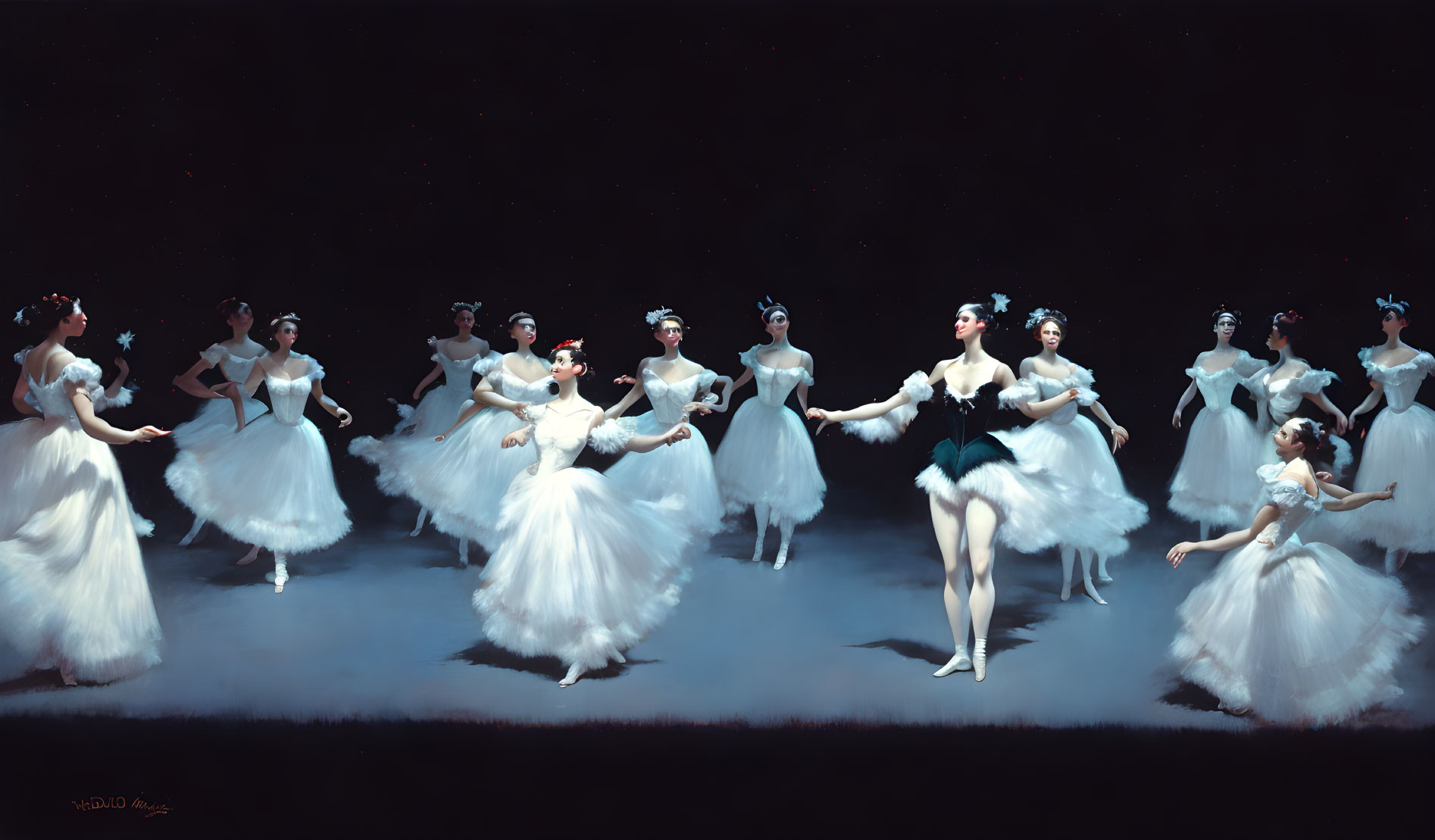 Male lead surrounded by female ballet dancers in white tutus on stage