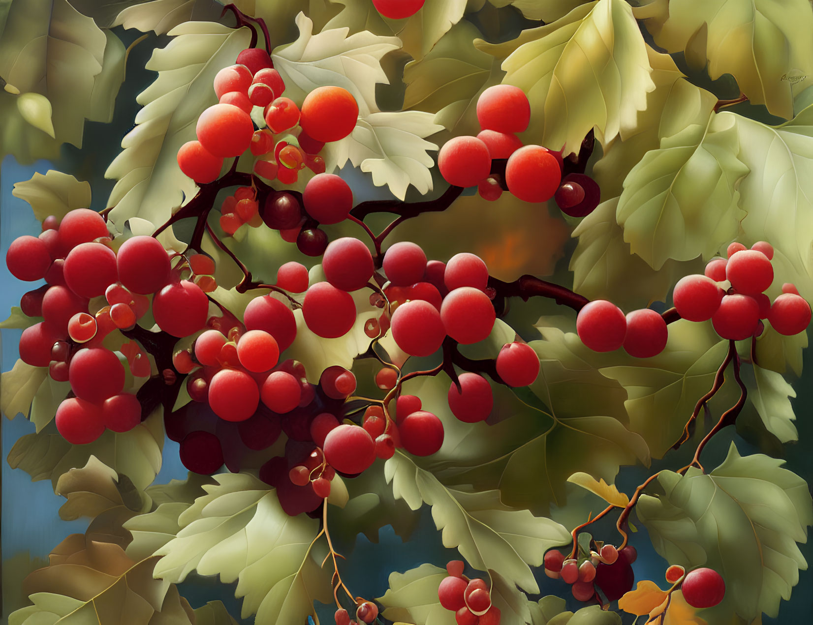 Clustered vivid red berries on lush green leaves with soft-focus background