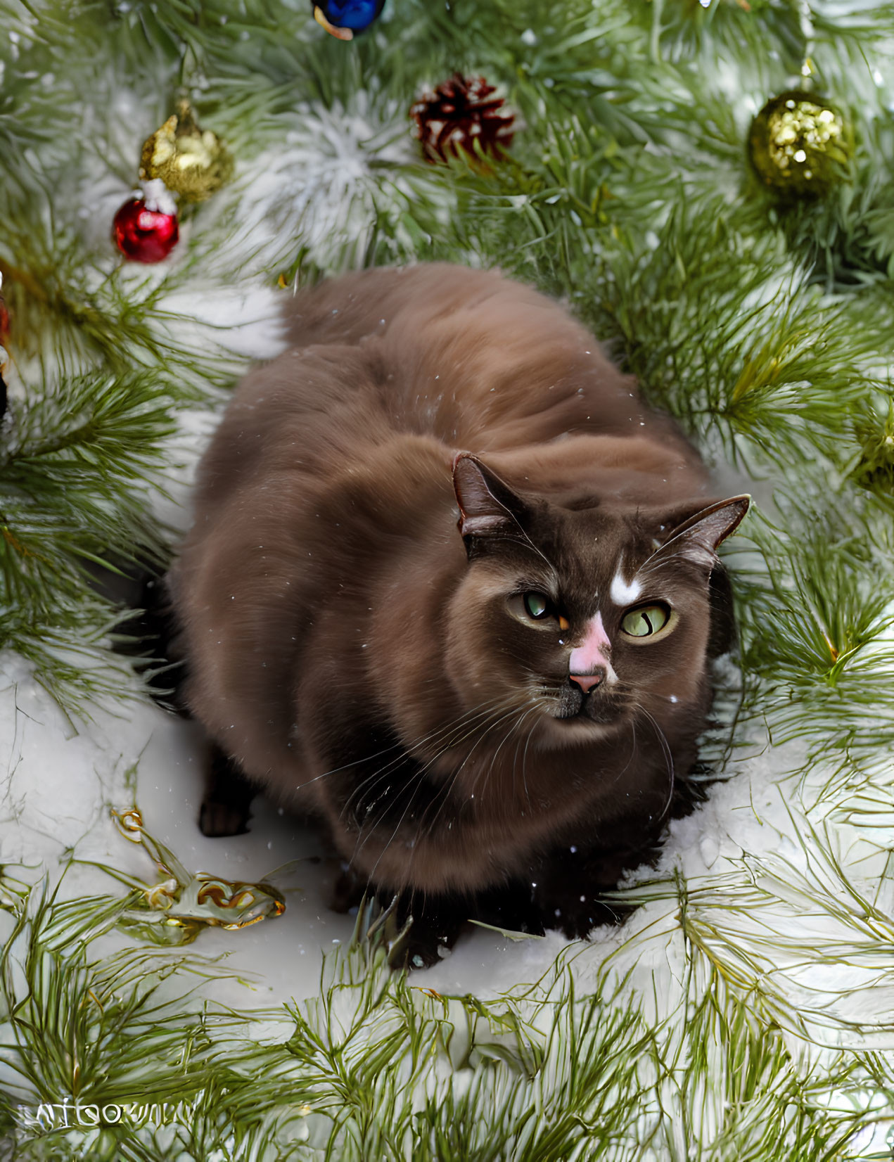 Brown Cat Surrounded by Christmas Decorations and Snow