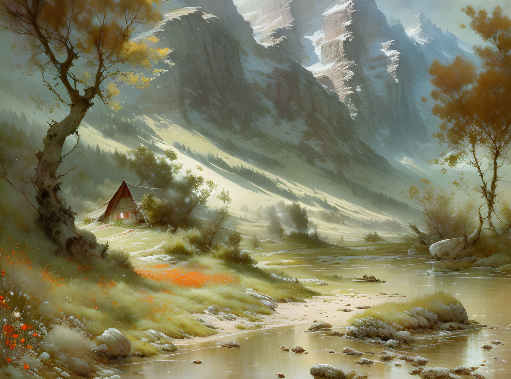 Tranquil autumn landscape with cottage, stream, and misty mountains