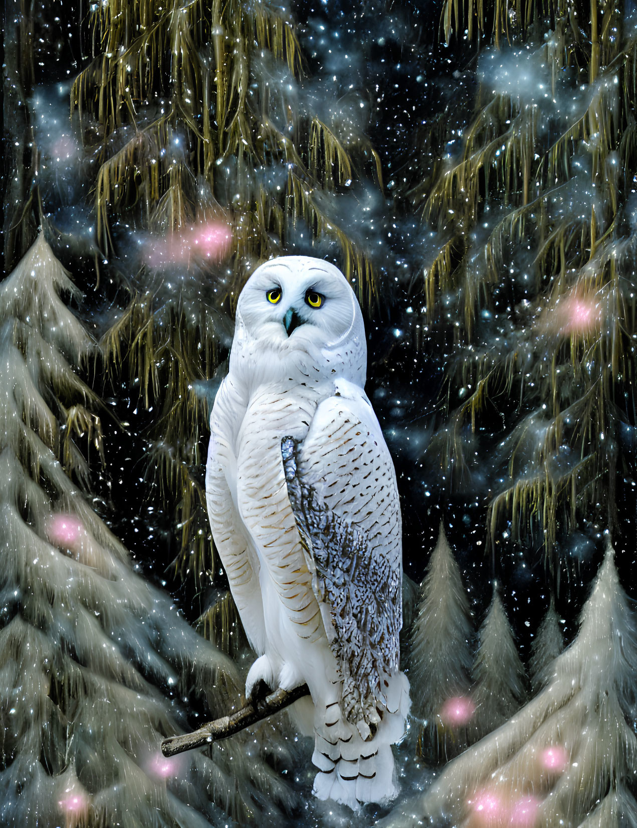 Snowy owl perched on branch in snowy night scene