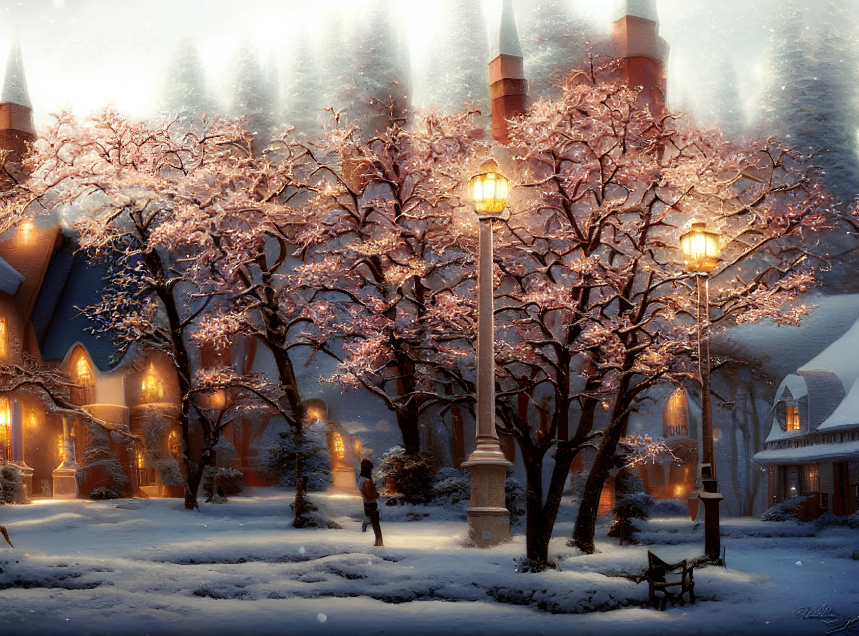 Snowy Evening Scene with Street Lamps, Cherry Blossom Trees, Bench, and Lit Building