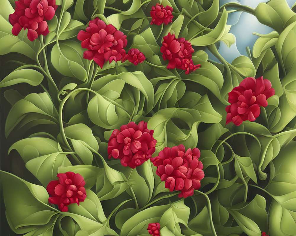 Colorful Illustration of Red Flowers and Green Foliage in Dense Botanical Scene