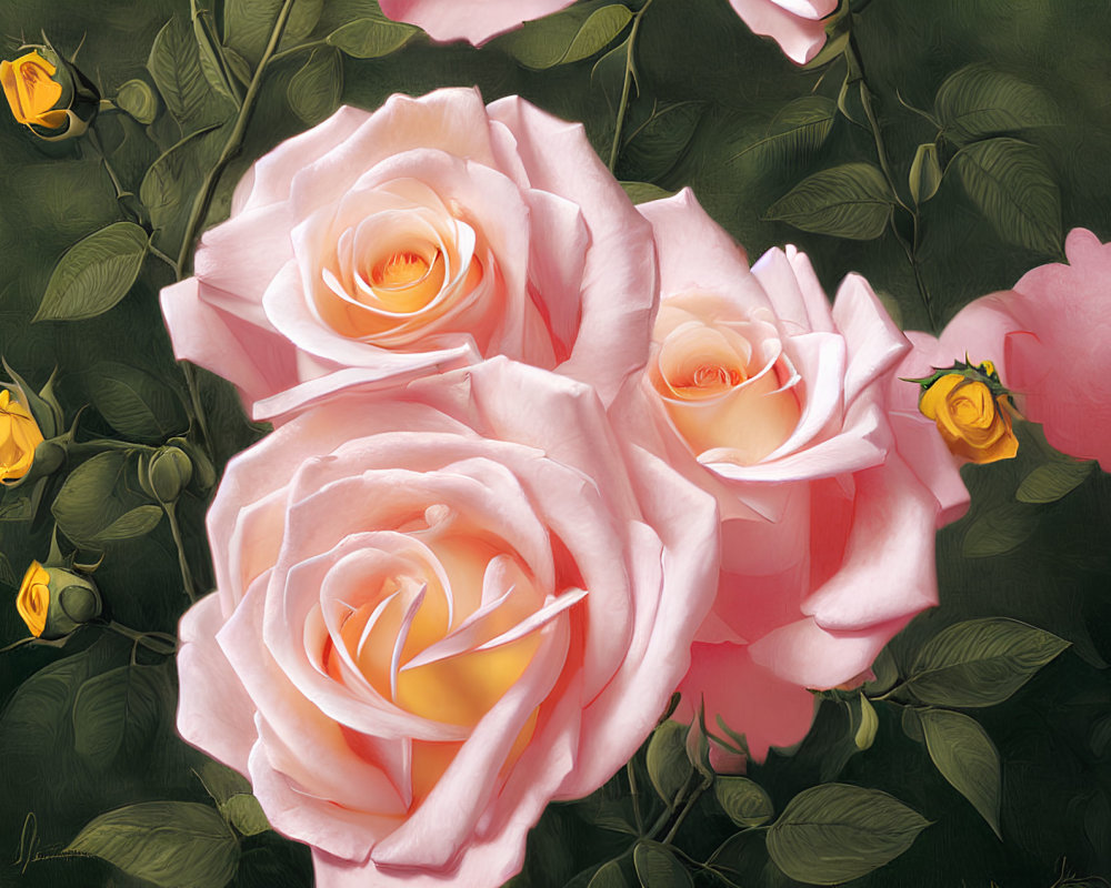 Delicate pink and yellow roses on dark background