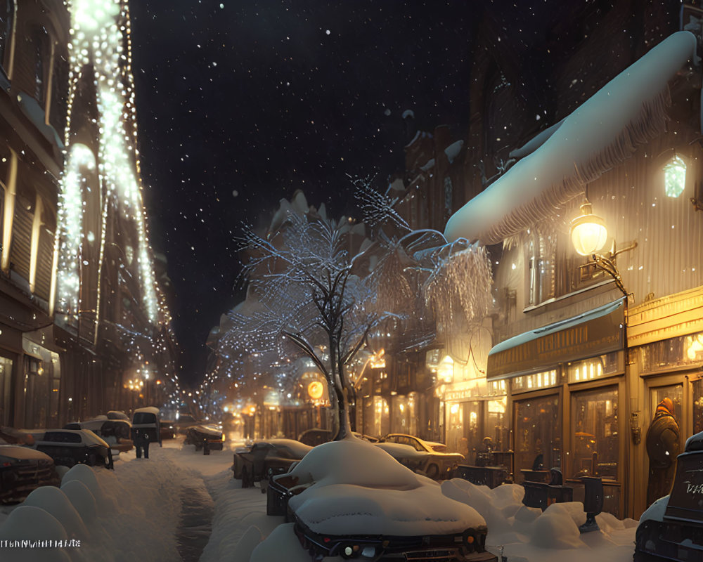 Winter night scene: snow-covered street, festive lights, parked cars, and glowing shop windows