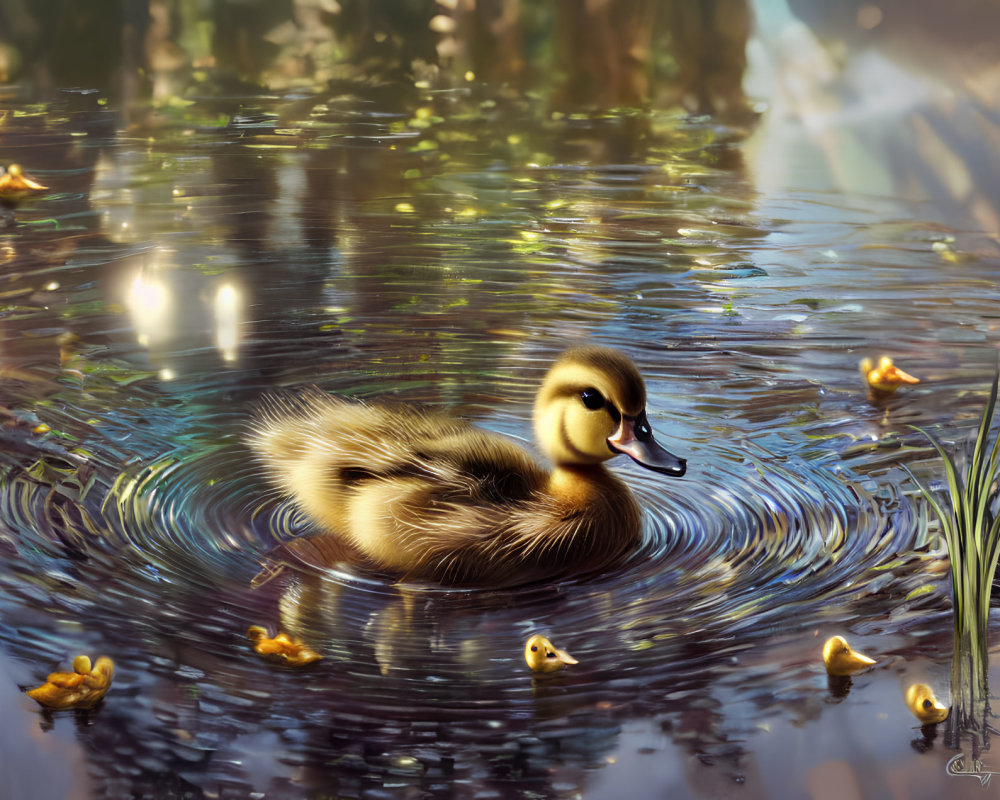 Tranquil digital artwork of fluffy duckling on serene water