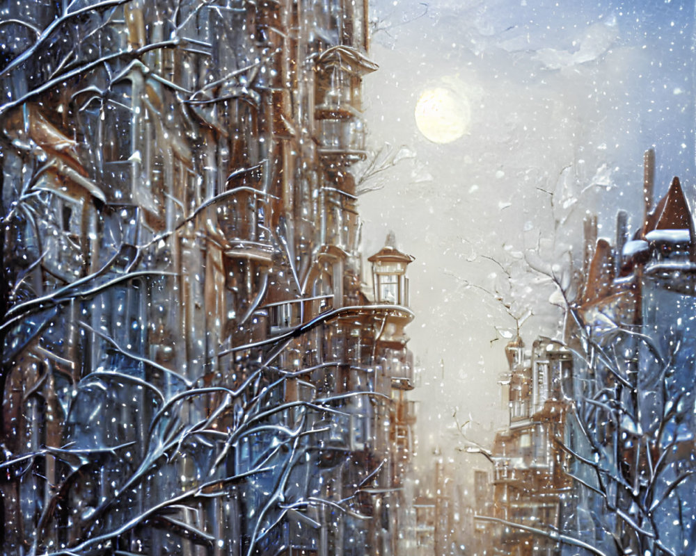 Snowy city street at night with bare trees, parked cars, street lamps, and buildings under full