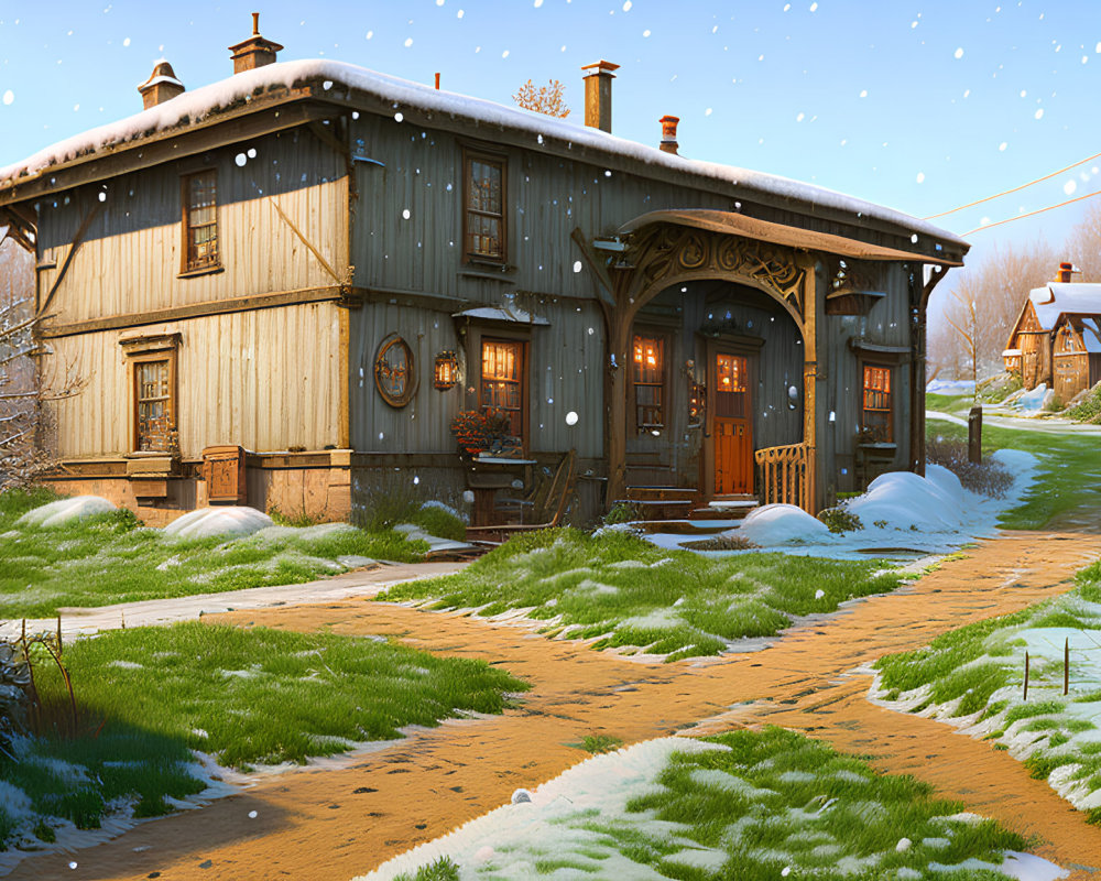 Snowy Landscape: Cozy Wooden Cottage at Dusk in Warm Lights