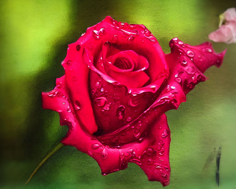 Vibrant red rose with water droplets on petals against soft-focus green background