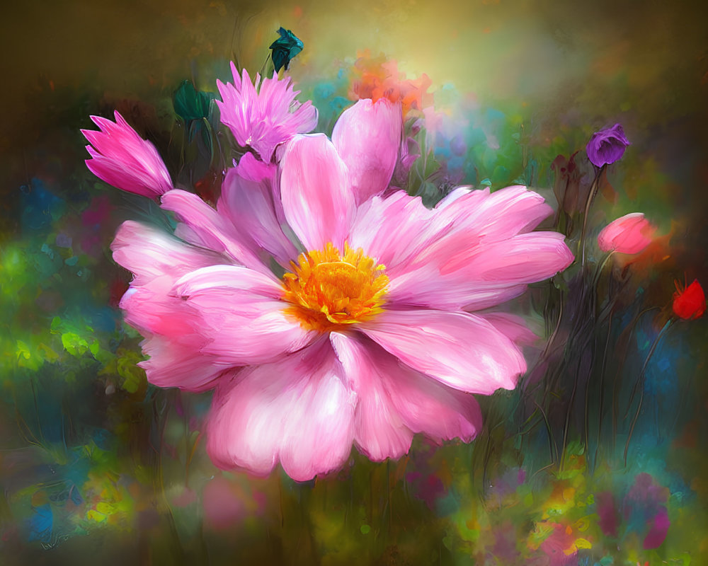 Colorful painting of large pink flower with golden center in soft-focus garden