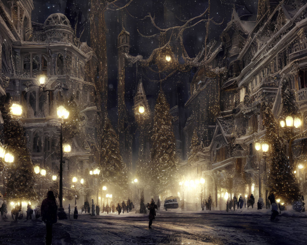 Snowy Evening Scene: People Strolling Amongst Decorated Trees and Ornate Buildings