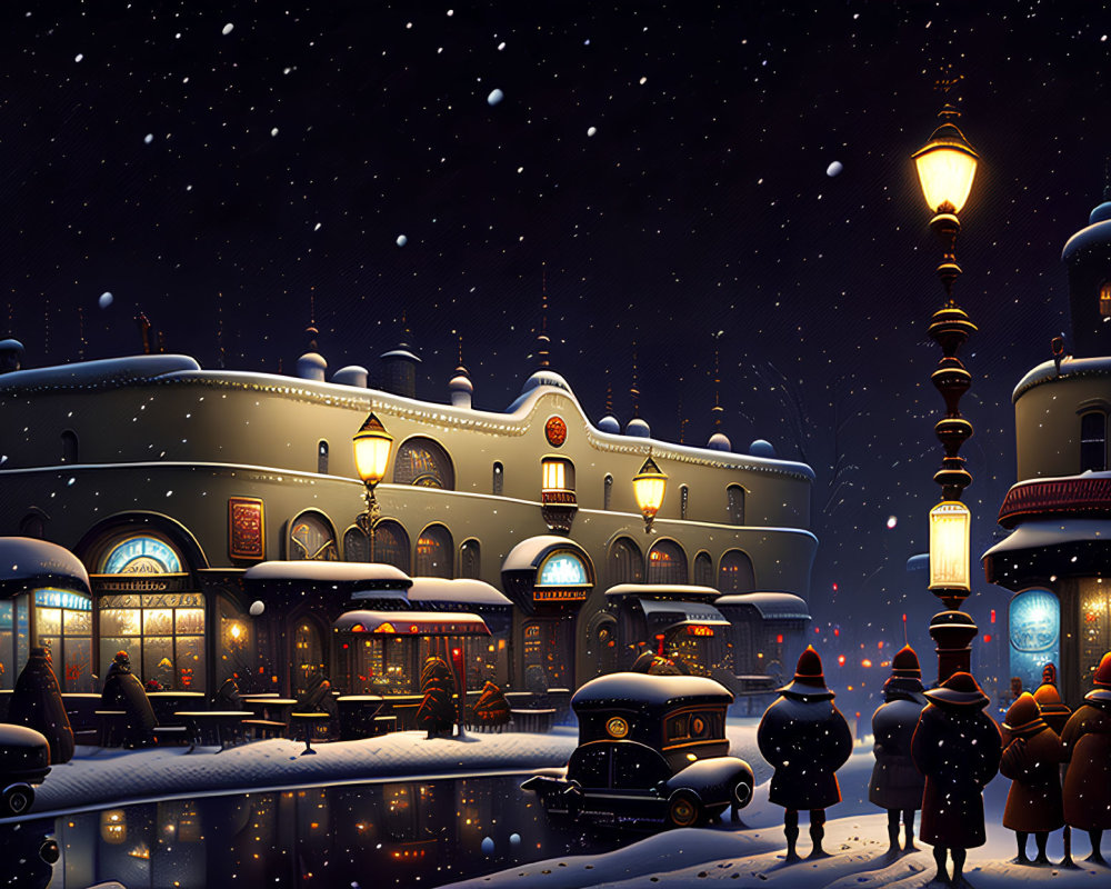 Illustrated winter night scene at vintage railway station with falling snow and parked old car