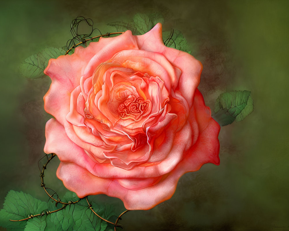 Detailed Pink Rose in Full Bloom with Green Leaves on Muted Background