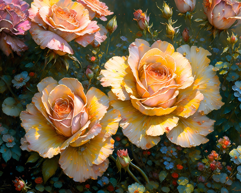 Vibrant Yellow and Peach Roses with Wildflowers and Greenery