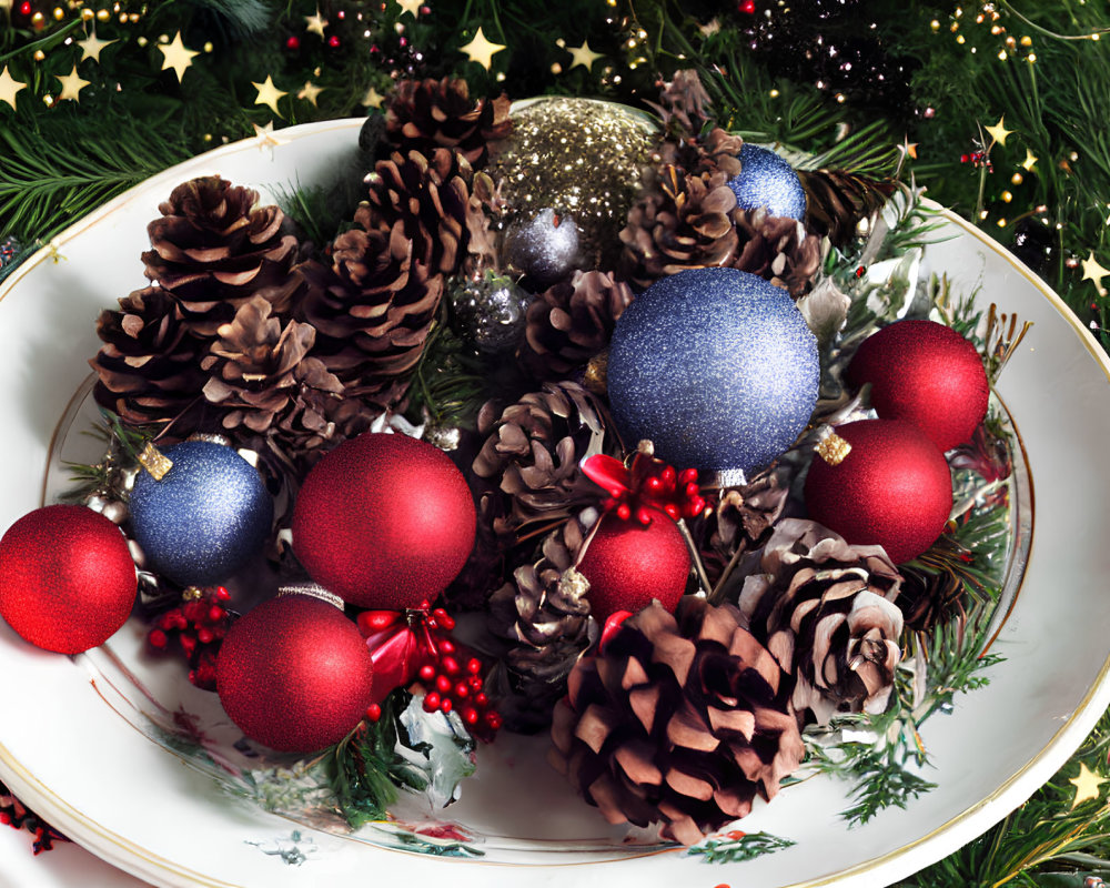 Red and Blue Ornaments Christmas Arrangement with Pine Cones and Greenery