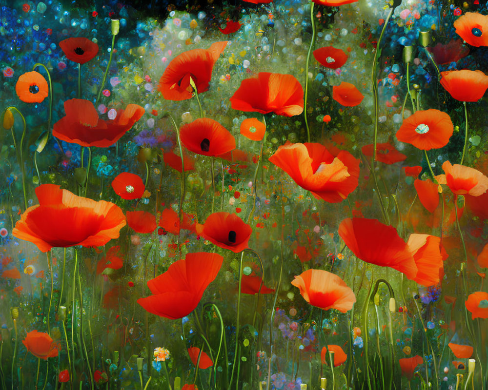 Colorful poppies in a blooming field with bokeh effect and varied flowers.