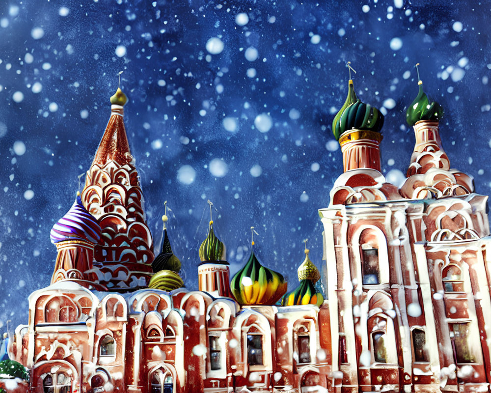 Snowy Moscow scene: Saint Basil's Cathedral with colorful onion domes.