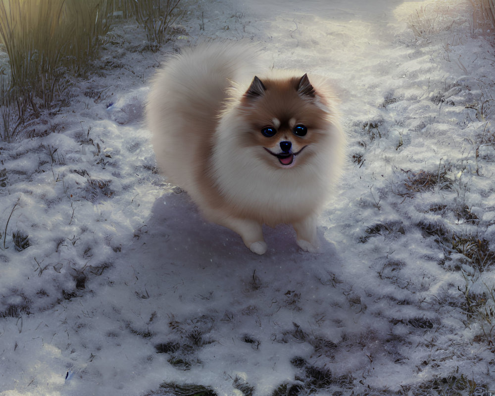 Brown and White Pomeranian Dog Smiling in Snowy Landscape