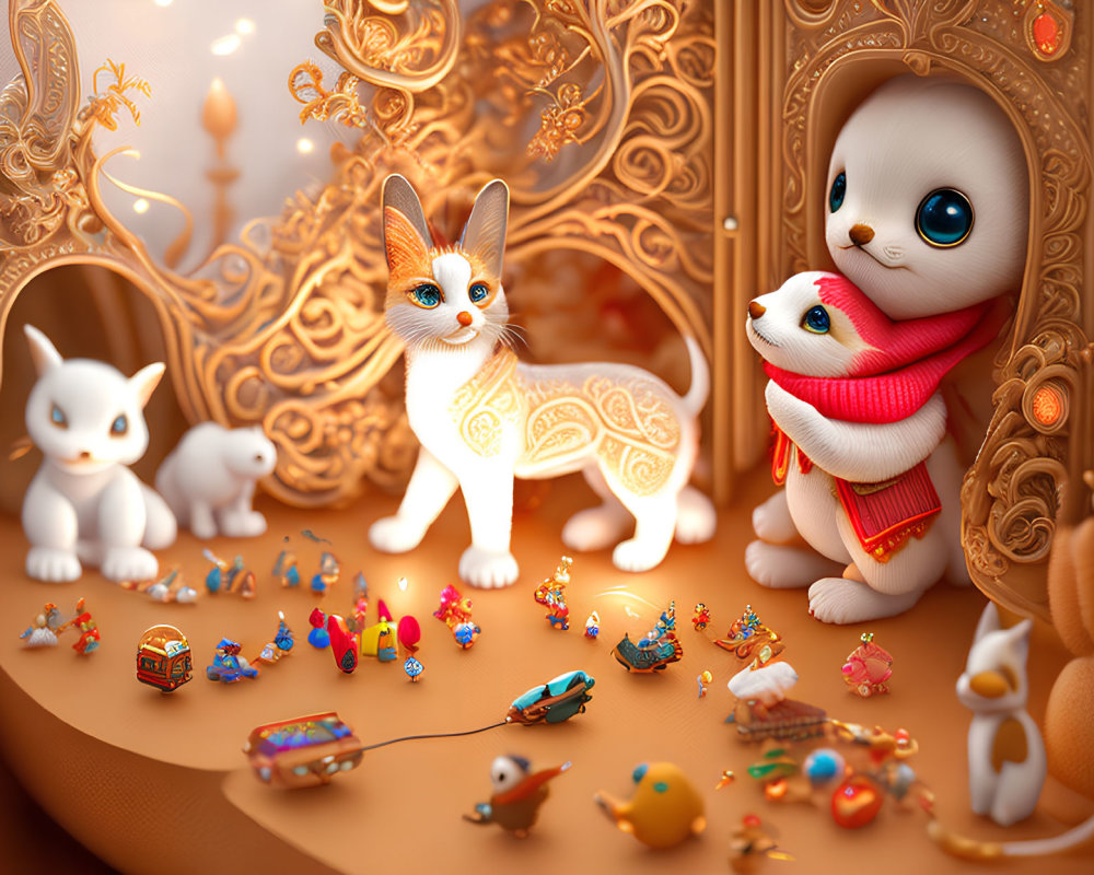 Colorful Creatures in Ornate Setting: Orange Cat, Red Scarfed Rabbit, and Whimsical